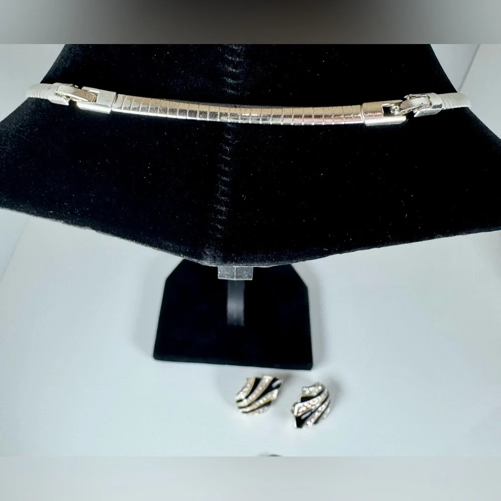Avon Nina Ricci Black Enamel Rhinestone Silver Tone Necklace & Clip Earrings